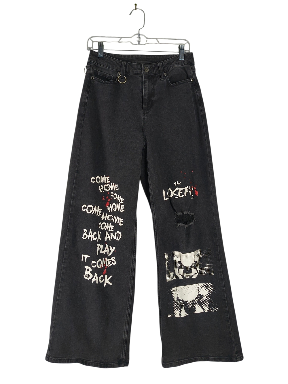 Hot Topic IT Wide Leg Jeans Juniors 5 Black Distressed Detail Graphic Chain Loop